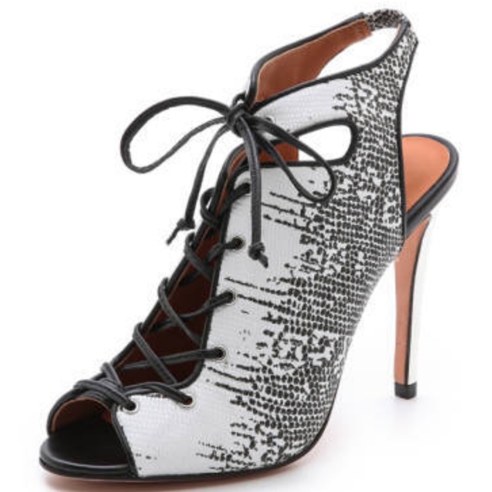 Minkoff RIO White Black Lizard VTG Leather Stiletto Heel Lace Up Open Toe 8.5 8